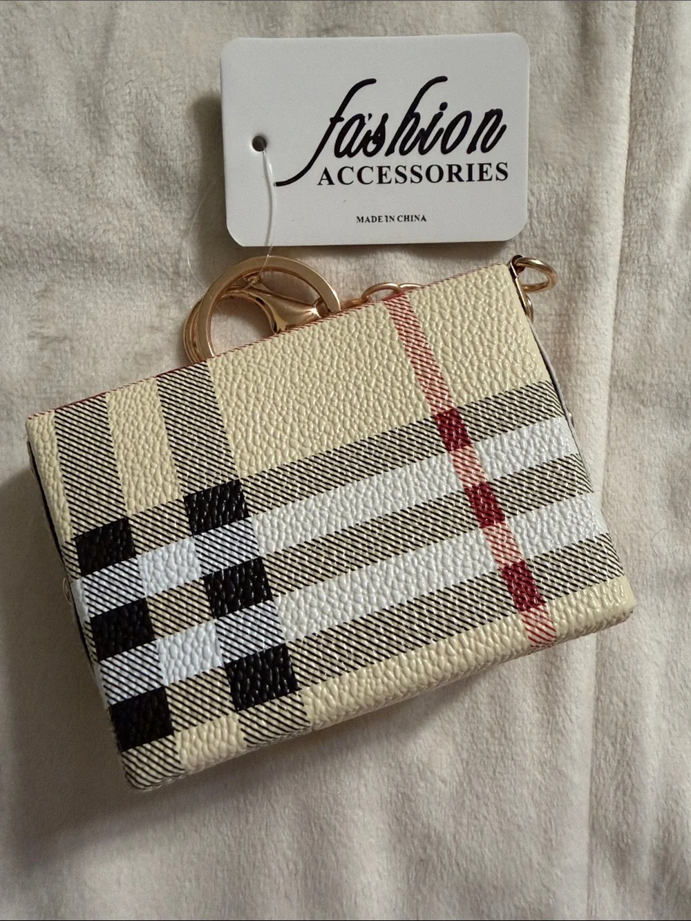 Cream Plaid Bow Card Holder Keychain (84)